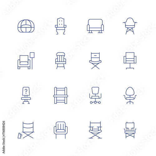 Chair line icon set on transparent background with editable stroke. Containing beanbag, armchair, vacant, chair, campchair, deskchair, directorchair, workplace, campingchair.
