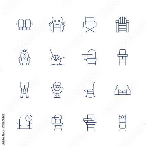 Chair line icon set on transparent background with editable stroke. Containing seats, throne, highchair, lounge, sofa, rockingchair, chair, directorchair, deskchair, lifeguardchair, feedingchair. photo