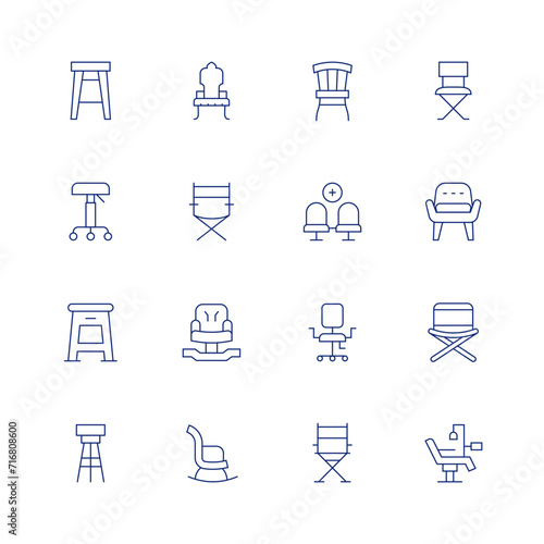 Chair line icon set on transparent background with editable stroke. Containing barstool, stool, chair, rockingchair, deskchair, directorchair, foldingchair, armchair, campchair.