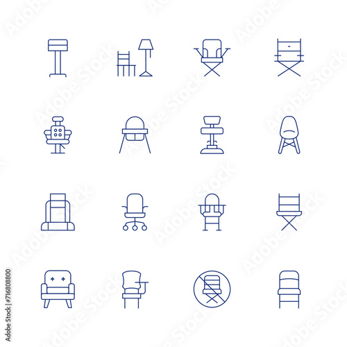 Chair line icon set on transparent background with editable stroke. Containing stool, barber, carseat, chair, babychair, officechair, deskchair, foldingchair, nochair, directorchair. photo