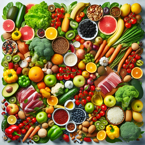 vibrant display of various fresh foods including fruits  vegetables  meats  and other items. It seems to represent a balanced diet