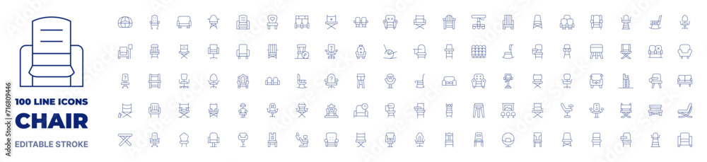 100 icons Chair collection. Thin line icon. Editable stroke. Chair icons for web and mobile app.