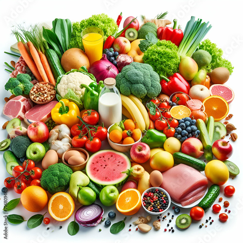 vibrant display of various fresh foods including fruits, vegetables, meats, and other items. It seems to represent a balanced diet
