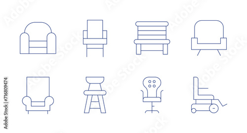 Chair icons. Editable stroke. Containing armchair, chair, woodenchair, officechair, wheelchair.