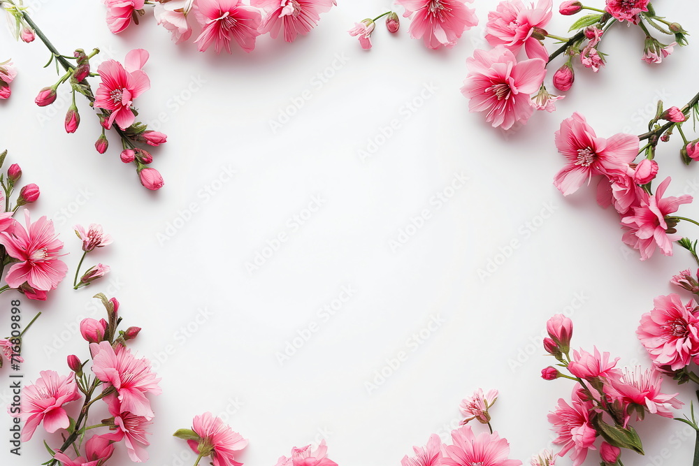 Frame of pink apple, cherry and almond flowers on a white background. Concept for congratulations, Easter, Women's Day, beautiful flowers template with place for text, copyspace