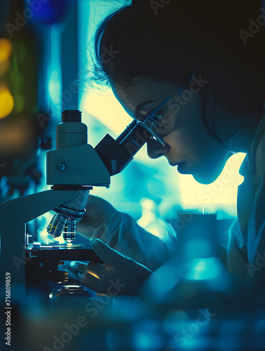 Close up of scientist looking through a microscope in a laboratory.
