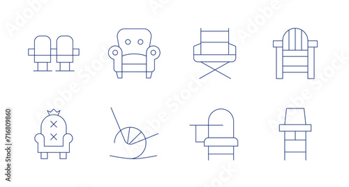 Chair icons. Editable stroke. Containing seats, throne, sofa, rockingchair, directorchair, deskchair, lifeguardchair, feedingchair.