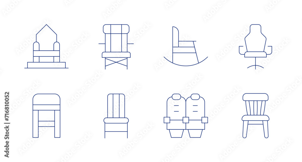 Chair icons. Editable stroke. Containing throne, stool, beachchair, chair, rockingchair, chairs.