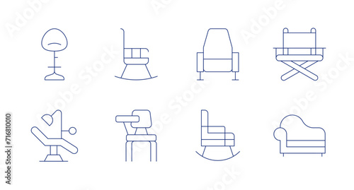 Chair icons. Editable stroke. Containing stool, rockingchair, chair, directorschair, sofa, dentistchair. photo