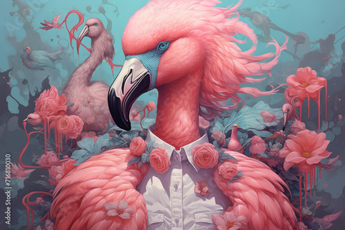 Creative composition made of flamingo and flowers.