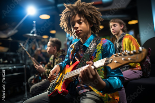 A vibrant scene of youth musicians coming together for a collaborative performance, blending their talents to create a harmonious and innovative musical experience.