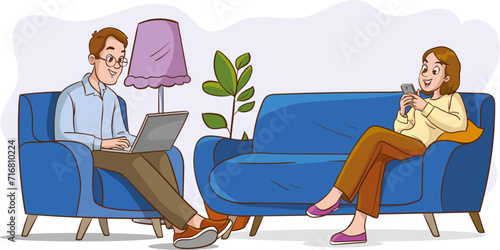 Vector illustration of a couple sitting on the couch, using mobile phone and laptop.Social media and internet addiction
