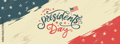 Presidents day banner, text, clipart with abstract, vintage, american flag background, vector, card, retro, logo, graphic for Presidents day flyer, sale, web, social media, post, header, cover, US photo