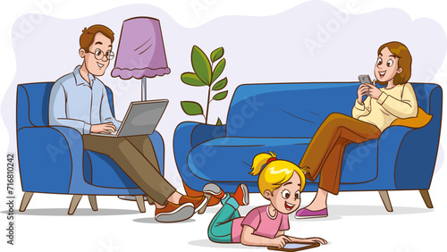 Vector illustration of a couple sitting on the couch, using mobile phone and laptop.Social media and internet addiction