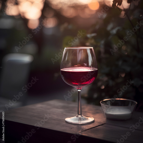 Glass of red wine on the table outdoors on blurred garden background