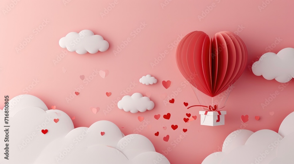 A red heart balloon paper with a gift flies among small hearts on a pink sky.