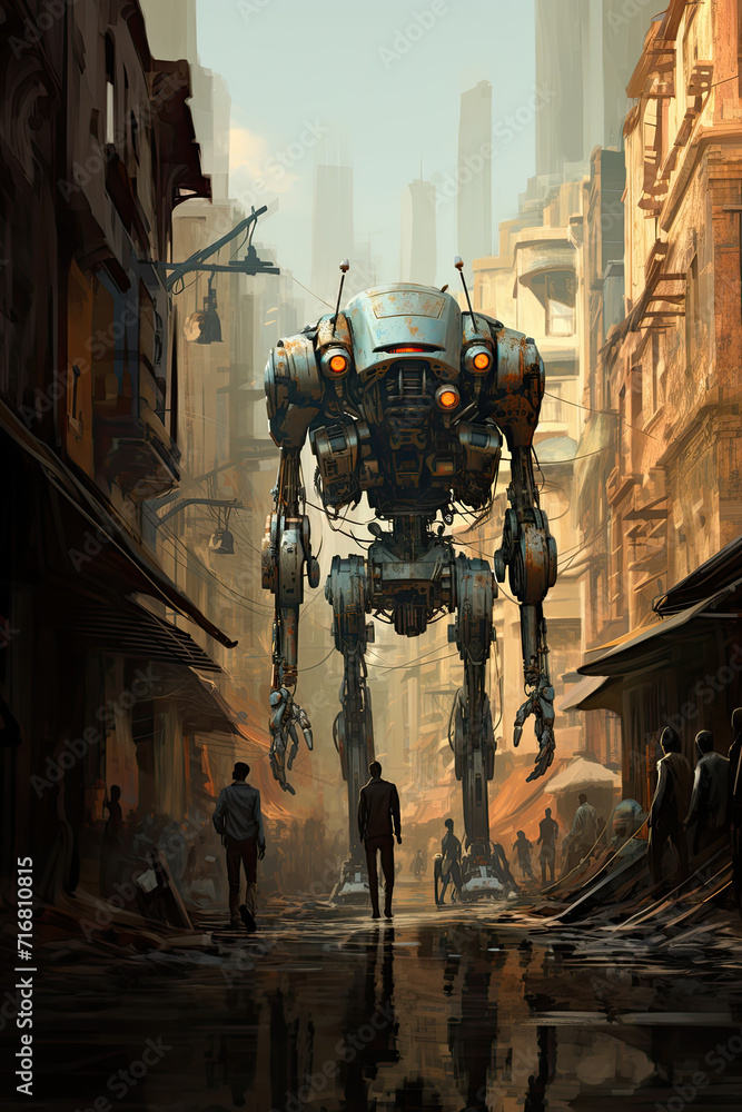 giant robot in the city streets