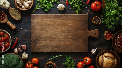 Empty wooden chopping board surrounded by fresh vegetables, herbs, spices, olive oil, and cooking utensils on a dark table. photo
