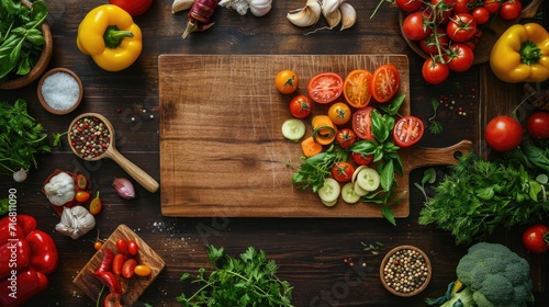 Empty wooden chopping board surrounded by fresh vegetables, herbs, spices, olive oil, and cooking utensils on a dark table.