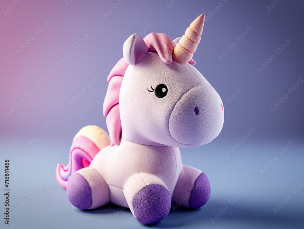 Cute kawaii squishy unicorn plush toy with realistic texture and visible stitch line. Soft and smooth background lighting. Cute kawaii squishy unicorn plush toy with realistic texture and visible stitch line. Soft and smooth background lighting.