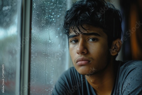 A young man sitting by a window with raindrops, looking thoughtful and contemplative, suggesting introspection