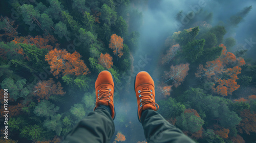 A man parachuting in the forest