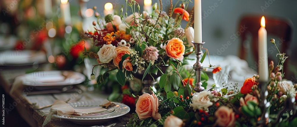 Elegant wedding table setting with a long silver metal candlesticks amidst flower arrangements - obrazy, fototapety, plakaty 
