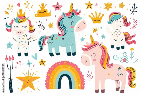 Cute unicorn doodle illustration and Seamless pattern isolated on white background