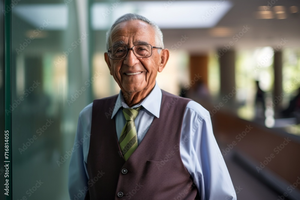 Portrait of a grinning indian elderly 100 years old man wearing a lightweight running vest against a sophisticated corporate office background. AI Generation Portrait of a grinning indian elderly 100 years old man wearing a lightweight running vest against a sophisticated corporate office background. AI Generation