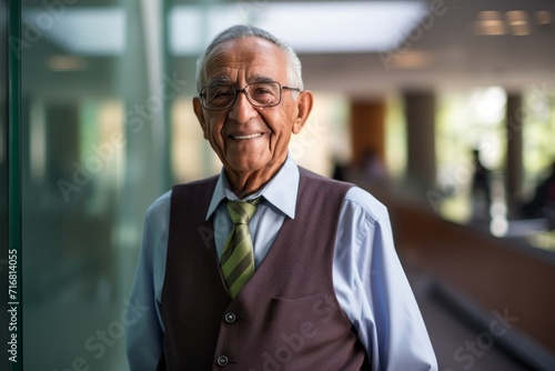 Portrait of a grinning indian elderly 100 years old man wearing a lightweight running vest against a sophisticated corporate office background. AI Generation © CogniLens