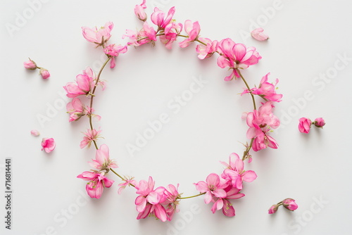 Pink wreath of apple, cherry, almond on a white background. Banner template in the style of spring, love, freshness and new life. Concept gift banner, web, card with place for text, copy space © Cato_Ri