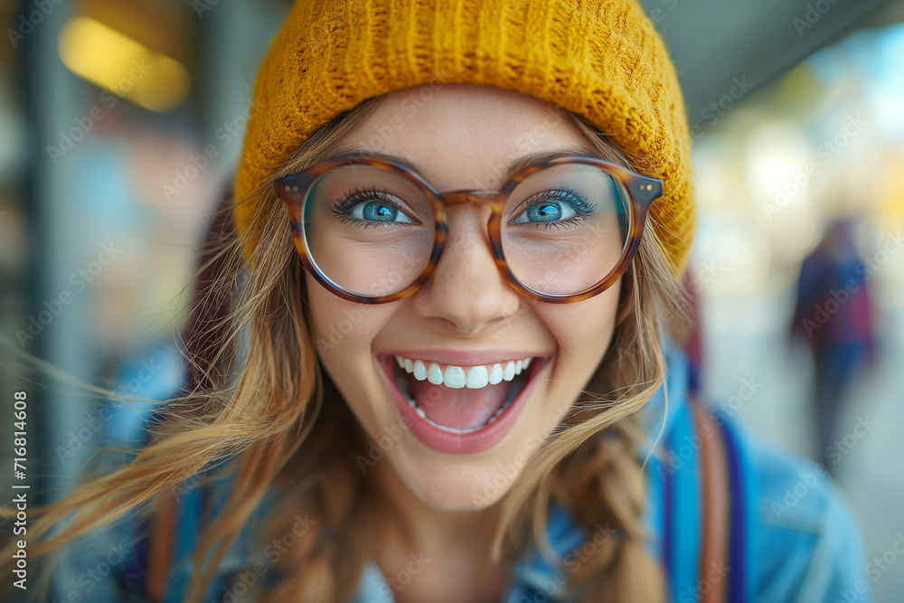 Excited Young Woman with Glasses and Yellow Beanie Excited Young Woman with Glasses and Yellow Beanie