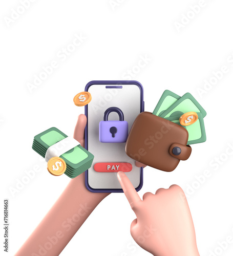 3d rendering of smartphone with hand, 3D pastel business finance icon set.