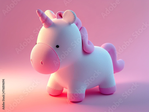 Cute kawaii squishy unicorn plush toy with realistic texture and visible stitch line. Soft and smooth background lighting. 