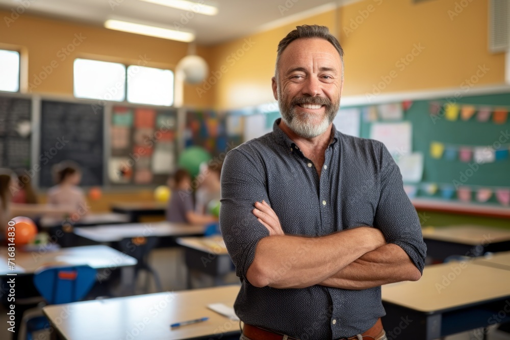 Fototapeta premium Portrait of a blissful man in his 50s donning a trendy cropped top against a lively classroom background. AI Generation
