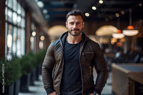 Portrait of a content man in his 30s sporting a rugged denim jacket against a dynamic fitness gym background. AI Generation