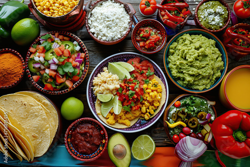 Traditional Mexican dishes like tacos, tamales, enchiladas, and guacamole photo