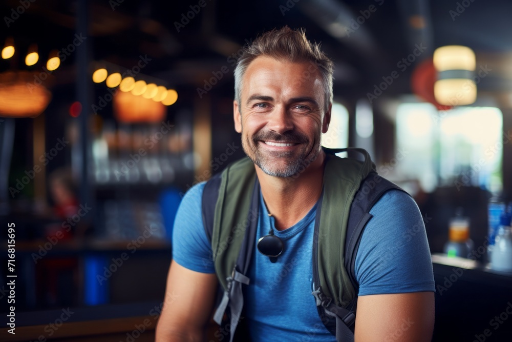 Portrait of a happy man in his 40s wearing a rugged jean vest against a dynamic fitness gym background. AI Generation Portrait of a happy man in his 40s wearing a rugged jean vest against a dynamic fitness gym background. AI Generation