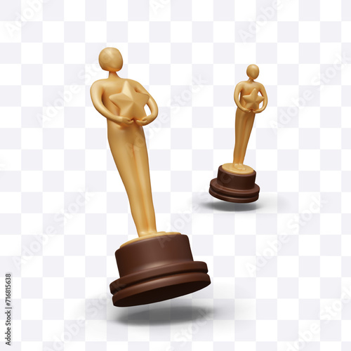 Set of isolated golden figurines in different positions. Realistic metal statuette on pedestal