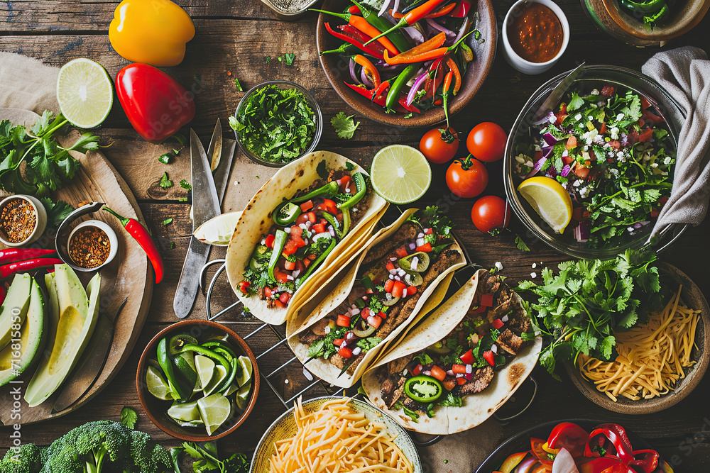 Vibrant spread of fresh taco ingredients such as diced vegetables, grilled meats, shredded cheese, and herbs