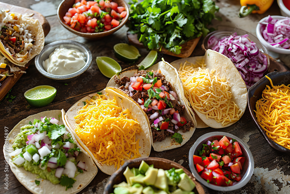 Vibrant spread of fresh taco ingredients such as diced vegetables, grilled meats, shredded cheese, and herbs