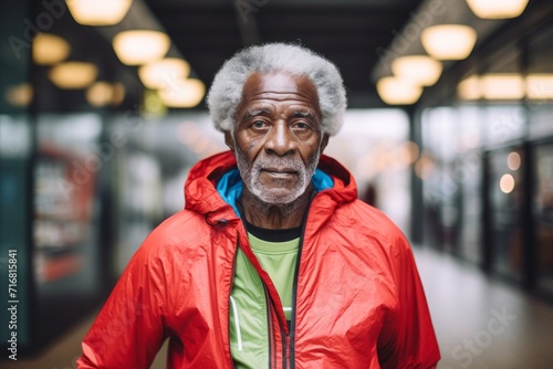 Portrait of a content afro-american man in his 80s wearing a lightweight packable anorak against a dynamic fitness gym background. AI Generation © CogniLens