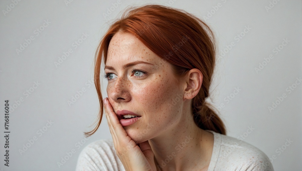 Fototapeta premium Very beautiful 30s woman with freckles and toothache in isolated background, professional studio shot