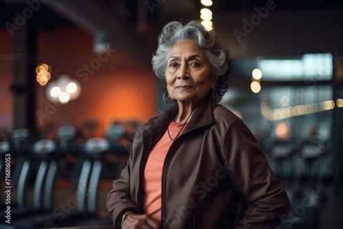 Portrait of a merry indian woman in her 70s dressed in a stylish blazer against a dynamic fitness gym background. AI Generation