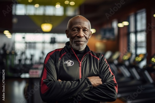 Portrait of a glad afro-american elderly 100 years old man wearing a trendy bomber jacket against a dynamic fitness gym background. AI Generation © CogniLens