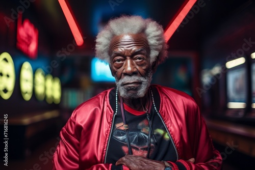Portrait of a glad afro-american elderly 100 years old man wearing a trendy bomber jacket against a dynamic fitness gym background. AI Generation