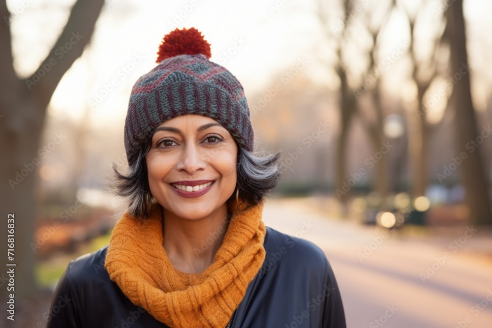 Portrait of a content indian woman in her 50s donning a warm wool beanie against a bright and cheerful park background. AI Generation Portrait of a content indian woman in her 50s donning a warm wool beanie against a bright and cheerful park background. AI Generation