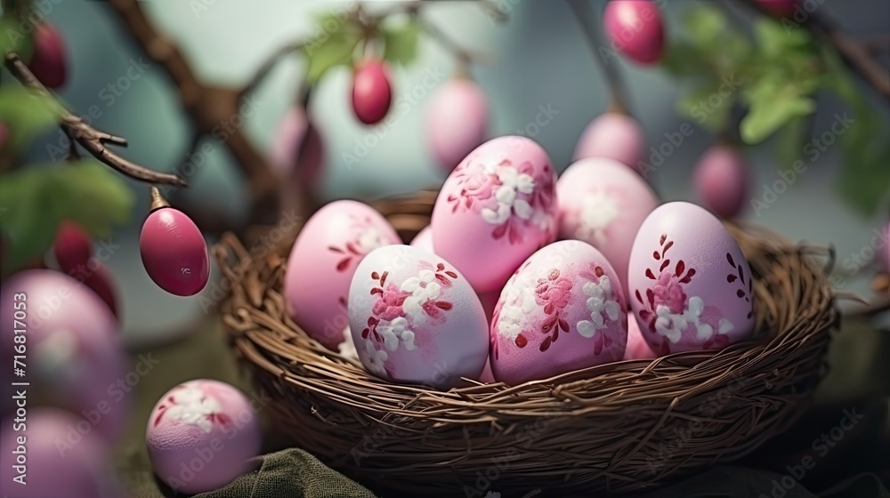 An Easter delight awaits! This lovely photo showcases a basket overflowing with radiant eggs, adding a touch of charm to any festive gathering