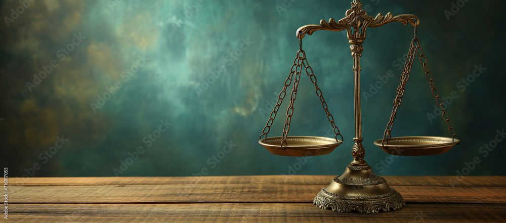 A scale with justice of law and balance of law on wooden background - obrazy, fototapety, plakaty 