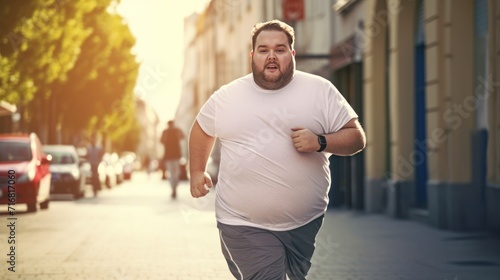 Plump Caucasian man in sportswear at jogging workout on asphalt path in park in sunny weather. Fat man Improves physical health burning fat with thirst to lose weight.